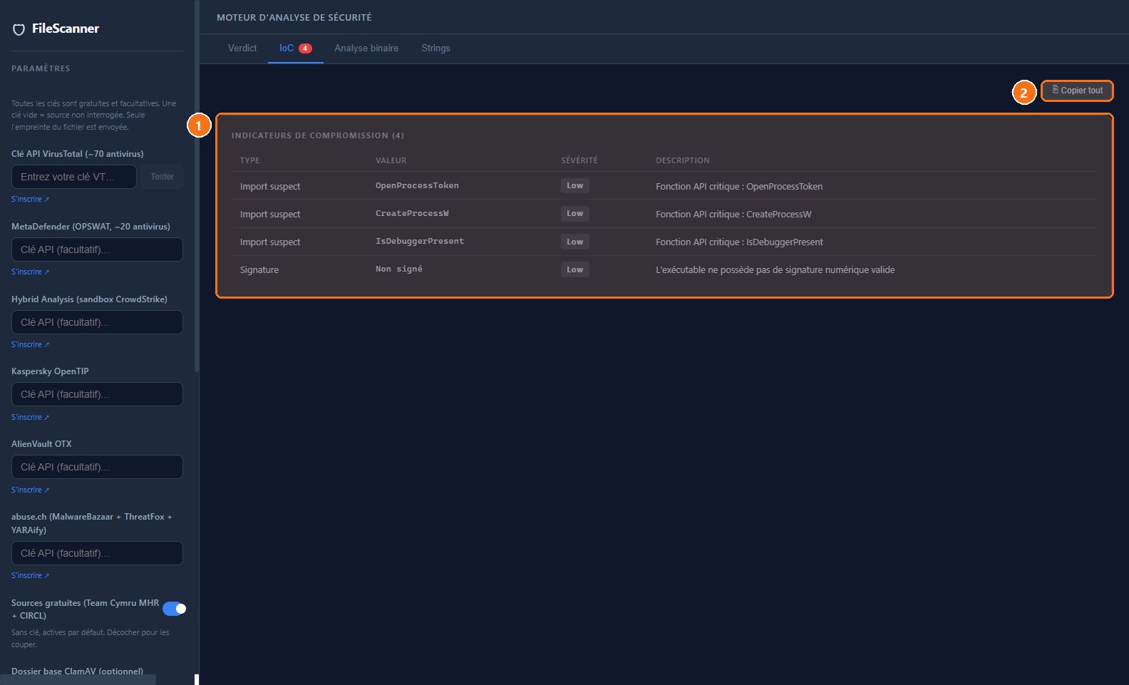 FileScanner : Les indicateurs (IoC)